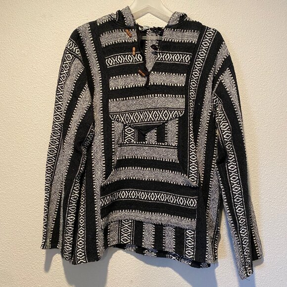 Baja Hoodie Black Gray Poncho Style XL 100% Cotton‎ Made in India - Picture 1 of 4